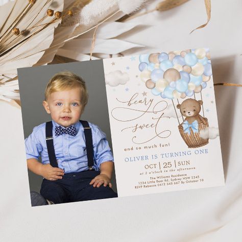 $2.98 | Blue Brown Teddy Bear Hot Air Balloon 1st Birthday - watercolor clouds stars sky, oh the places you'll go, beary sweet so much fun, 1st first birthday party, hot air balloon, pastel blue brown white beige, teddy bear adventure, up up and away, modern simple whimsical dreamy, cute bear cub balloon invite Teddy Bear Theme Birthday Invitation, Hot Air Balloon 1st Birthday, Bear Hot Air Balloon, Teddy Bear Theme, Bear Invitations, 1st Birthday Party Invitations, Brown Teddy Bear, Bear Theme, 1st Birthday Invitations