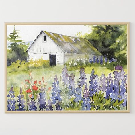 Bluebonnets Field Painting White Barn Watercolor Art Print Rustic Wall Art Farm Landscape Farmhouse Wall Decor - Etsy UK Watercolor Farmhouse, Landscape Farmhouse, Floral Farm, Whimsical Cottage, Farm Landscape, Transparent Watercolor, Farm Paintings, Field Painting, Texas Country