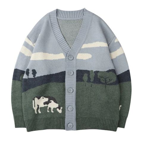 Aelfric Eden Vintage Prairie Cow Pattern Cardigan Sweater – Aelfric eden Cow Print Fabric, Harajuku Clothes, Pullover Mode, Oversized Sweater Cardigan, Loose Cardigan, Oversized Streetwear, Retro Tops, Pullover Outfit, Embroidery Fashion