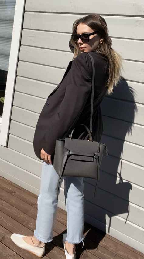 Celine belt bag in gray, Zara blazer and jil sander flats Gray Bag Outfit, Celine Belt Bag Outfits, Grey Bag Outfit, Celine Bag Outfit, Celine Mini Belt Bag, Belt Bag Outfit, Cute Laptop Bags, Celine Belt, Celine Belt Bag