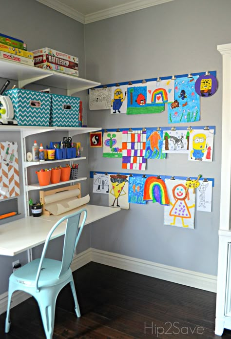 Display Kids Art at Home Displaying Kids Artwork Diy, Artwork Display Wall, Kids Art Area, Displaying Childrens Artwork, Kids Nook, Kids Art Space, Kids Art Display, Art Display Wall, Displaying Kids Artwork