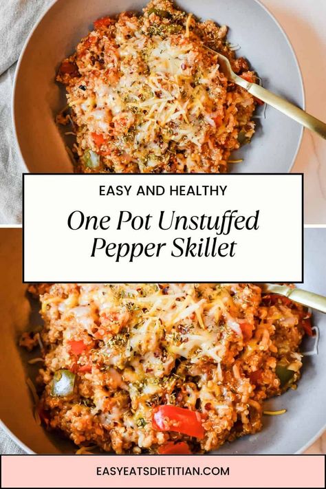 This one pot unstuffed pepper skillet is packed in flavor, comes together in under 35 minutes, and uses one pot for minimal clean up, making it the perfect family friendly weeknight dinner! #falldinner #summerdinner #easydinner #easyweeknightdinner #healthydinner #onepot #onepotmeal #onepotdinner #mealprepidea One Pot Unstuffed Pepper Skillet, Stuffed Pepper Skillet One Pot, Unstuffed Peppers Skillet, Healthy One Pot Meals Clean Eating, Unstuffed Pepper Bowls, One Pot Meals Healthy, Unstuffed Pepper Skillet, Unstuffed Pepper Casserole, Pepper Skillet