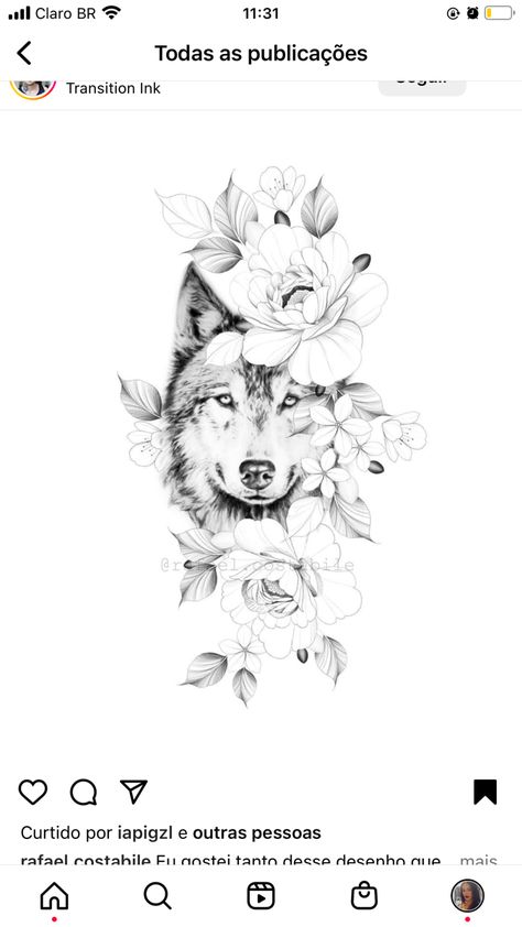 Wolf And Flower Tattoo Design, Wolf Flower Tattoo Women, Wolf Flowers Tattoo Design, Feminin Wolf Tattoo, Floral Wolf Tattoo For Women, Wolf With Flowers Drawing, Husky Flower Tattoo, Flower Wolf Tattoo, Wolf Floral Tattoo Design