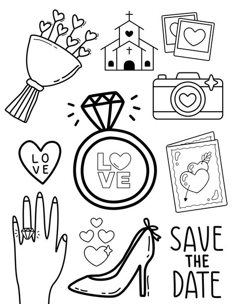 Celebrate the special day of someone close to you with these free printable wedding coloring pages for kids and adults. Spring Wedding Outfit, Kids Table Wedding, Romantic Wedding Colors, Wedding Coloring Pages, Heart Coloring Pages, Free Wedding Printables, Printable Wedding Sign, Color Pages, Coloring Page Ideas