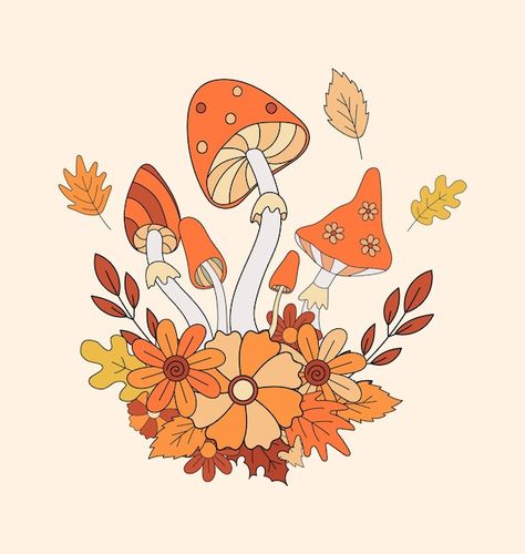 Stylized retro 70s hippie mushrooms flat... | Premium Vector #Freepik #vector #hippie #70s-retro #groovy #60s Fungi Illustration, Illustration Autumn, Mushroom Paint, Flat Vector Illustration, Creative Graphics, Retro Vector, 70s Hippie, Tree Illustration, Mushroom Art