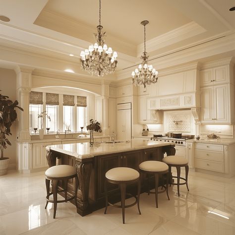 Classic Luxury Kitchen Concept in Cream and Brown Classic Luxury Kitchen, Kitchen Concept, Wooden Island, Brown Kitchens, Wallpaper Walls Decor, Marble Flooring, Kitchen Concepts, Crystal Chandeliers, Brass Fixtures