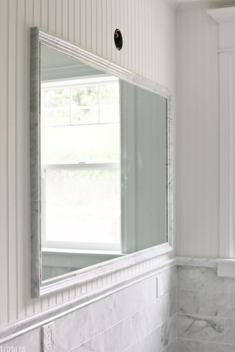 marble framed bathroom mirror Bathroom With Beadboard Walls, Mirror Wainscoting, Beadboard Walls, Beadboard Bathroom, Bead Board Walls, Finish Work, Bathroom Mirror Frame, Half Walls, Marble Frame