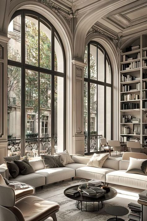 Store Sitting Area, Parisian Table Setting, Cozy Parisian Apartment, Luxury Library, Large Arched Windows, Sleek Apartment, Parisian Style Living Room, Parisian Apartment Interior, Luxury Home Library