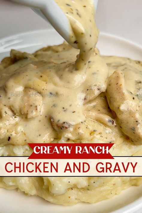 creamy ranch chicken and gravy Ranch Smothered Chicken, Creamy Ranch Sauce For Chicken, White Chicken Gravy, Creamy Chicken Dinner, Creamy Ranch Chicken, Gravy For Mashed Potatoes, Chicken And Gravy, Batch Baking, Buttery Mashed Potatoes