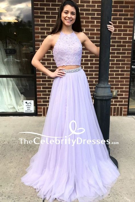 #TwoPieces A-line #Beading #PromDress - TheCelebrityDresses Lavender Prom, Lilac Prom Dresses, Grad Dresses Long, Lavender Prom Dresses, Halter Prom Dresses, Tulle Evening Dress, Prom Dresses Two Piece, Beaded Prom Dress, Piece Prom Dress