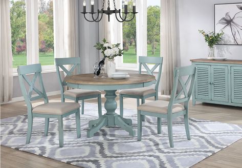 Lifestyle Harbor Bay Blue Round Dining Table With Four X-back Chairs Round Dining Table Sets, Set Meja Makan, Crossback Chairs, Wooden Chairs, Rectangle Dining Table, Kitchen Dining Sets, Table Ronde, Blue Cushions, Patio Dining Set