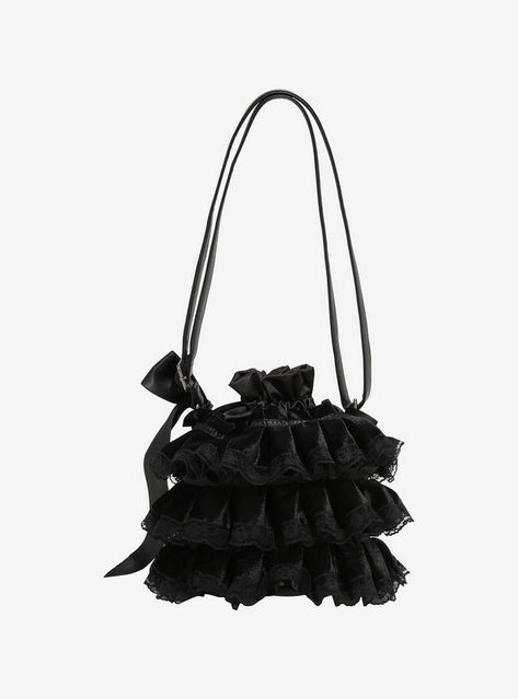 Black Ruffle Chain Bucket Bag Hot Topic Exclusive Baguette Bags, Plush Backpack, Disney Bag, Satchel Tote, Cooler Bag, Black Ruffle, Bags Purses, A Christmas Story, Mini Backpack