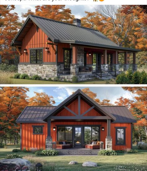 Red And Black Barndominium, Porch Cover Ideas, Red Barndominium, Porch Cover, Split Level Exterior, Farm Landscaping, Cottage Colors, Outdoor Patio Kitchen, Retirement Life