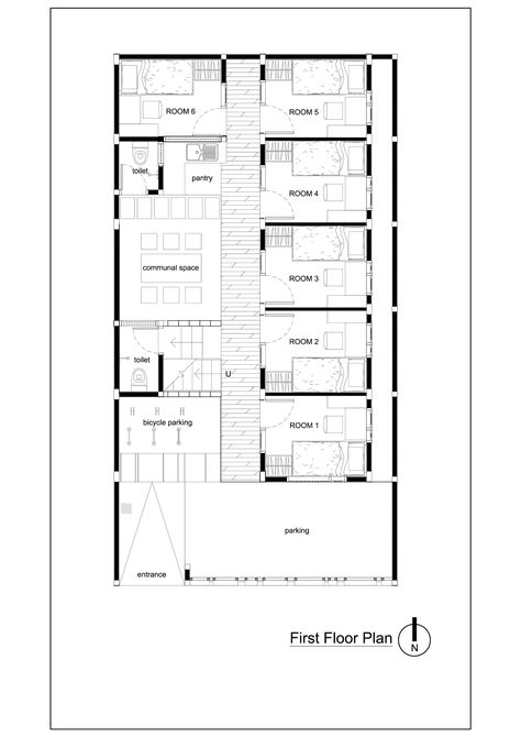 Image 21 of 23 from gallery of Bioclimatic and Biophilic Boarding House / Andyrahman Architect. Plan Student Hostel Design Floor Plans, Hostel Room Layout, Hostel Design Plan, Hostel Layout, Hostel Plans, Motel Makeover, House Floor Plan Design, Lodge House Plans, Home Map Design