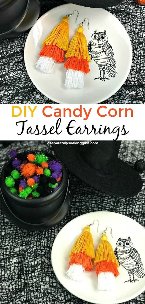 DIY Candy Corn Tassel Earrings for those times you want to dress up for Halloween but not in costume. Get into the holiday spirit with these fun Halloween earrings. #halloween #tasselearrings Diy Candy Jewelry, Diy Candy Corn Costume, Cute Halloween Earrings, Thanksgiving Earrings Diy, Diy Fall Earrings, Diy Fall Jewelry, Fall Jewelry Diy, Diy Halloween Earrings, Hailey's Comet