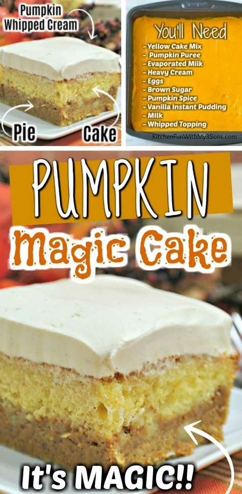 Pumpkin Magic Cake, Pumpkin Foods, Pan Desserts, Pumpkin Spice Sugar Cookies, Magic Cake Recipes, Pumpkin Magic, Baking Therapy, Cake Pumpkin, Cake Mix Ingredients