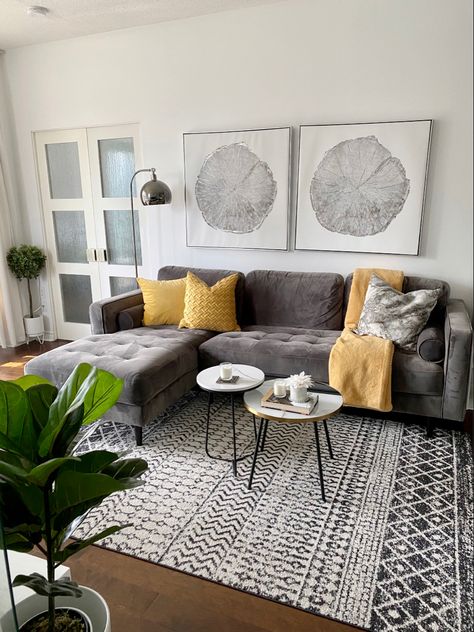 Mid Century Modern Gray Couch Living Room, Ochre And Grey Living Room, Black White And Grey Living Room With Pop Of Color, Living Room Grey Sofa, Grey Couch Decor, Grey And Yellow Living Room, Modern Living Room Ideas, Modern Living Room Design, Grey Couch Living Room