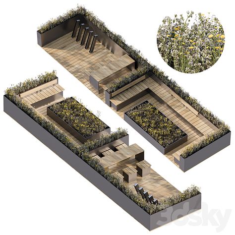 The parquet model with bicycle parking includes an equipped recreation area with a table and mobile benches, as well as equipped benches around the perimeter near a flower bed. Plants around the perimeter of the parklet serve as a hedge. Overall dimensions of the parking lot (recreation area): 18300 mm x 4800 mm Height of the parquet without plants: 1630 mm, with plants 2211 mm Terrace With Plants, Parklet Design, Urban Farming Architecture, Bicycle Park, Bike Parking Design, Public Park Design, Parks Architecture, Bed Plants, Flower Bed Plants