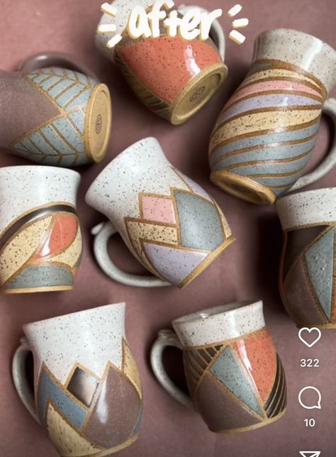 Tape Resist Ceramics, Pottery Tape Resist, Tape Resist Pottery, Pottery Mug Painting Ideas, Mountain Mugs, Underglaze Ideas, Pottery Cool, Glaze Inspiration, Throwing Pottery