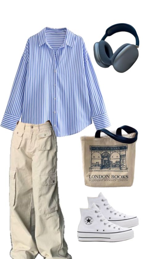 Outfit Ideas Beige, Converse Outfit Ideas, Beige Cargos, Blue Headphones, Shirt Outfit Ideas, Converse Outfit, Beige Outfit, Outfits With Converse, Blue Line