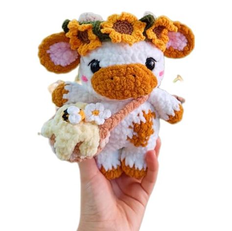 Sunflower Cow Plush with Honey bee bag, Stuffed animal cute amigurumi, Kawaii cute custom plushie, Birthday gift for her, Crocheted animal cow doll Crochet Flower Bouquet With Cow, Crocheted Stuffed Toys, Blanket Yarn Crochet Stuffies, Crochet Sunflower Cow, Toys Quotes, Bee Bag, Sunflower Headband, Cow Plush, Easy Crochet Animals