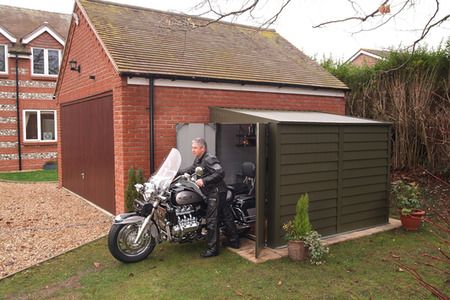 Buy Secure Motorbike Garages For Home Storage - Trimetals UK Outbuilding Ideas, Garden Day Bed, Motorcycle Storage, Metal Motorcycle, Aluminium Garden Furniture, Bike Magazine, Shed Sizes, Carport Garage, Steel Garage