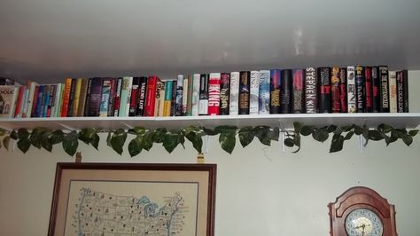 Bookshelf around the room along the ceiling Bookshelf Along Ceiling, Shelves Along Ceiling, Books Above Tv, Wrap Around Bookshelf, Bookshelf Above Window, Shelves Around Room Ceilings, Shelf Near Ceiling, Ceiling Bookshelf Wrap Around, Shelf Around Top Of Room