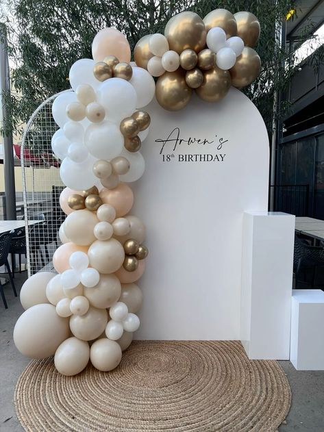 21st Birthday Party Backdrop, Open House Party Ideas Events, 21 Backdrop Ideas, 21st Balloon Arch, 21st Birthday Balloon Arch, 18th Birthday Backdrop Ideas, 21st Birthday Decorations Backdrops, Engagement Party Balloon Arch, Balloon Arch Neutral