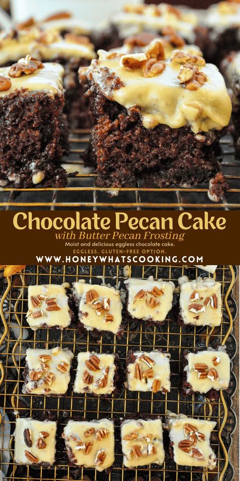 Chocolate Pecan Cake Chocolate Pecan Cake Recipes, Chocolate Pecan Loaf Cake, Chocolate Cake With Pecans, Chocolate Pecan Pound Cake, Old Southern Chocolate Pecan Sheet Cake, Butter Pecan Frosting, Chocolate Pecan Cake, Pecan Frosting, Glazed Pecans