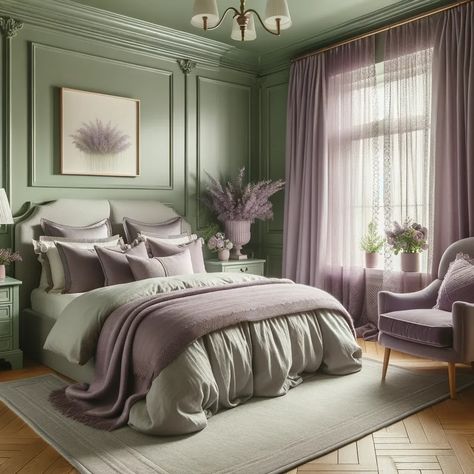 sage green and lavender bedroom Green Lilac Color Palette, Sage Green And Lavender Bedroom, Green And Lavender Bedroom, Purple And Green Bedroom, Sage Green And Lavender, Green And Purple Bedroom, Bedroom Interior Colour, Light Green Bedrooms, Lilac Room