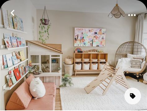 Cozy Living Room Playroom, Yoga And Playroom Combo, Playroom In Loft, Playroom And Living Room Ideas, Guest Bed Playroom Combo, Playroom And School Room, Formal Living Room To Playroom, Modern Play Area In Living Room, Playroom And School Room Ideas