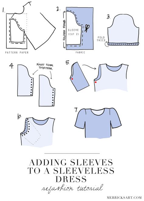 DIY FRIDAY: ADDING SLEEVES TO A SLEEVELESS DRESS (REFASHION TUTORIAL) - Merrick's Art Syprosjekter For Nybegynnere, Pola Blus, Diy Sy, Sewing Sleeves, Sewing Alterations, Sew Ins, Sewing Lessons, Pattern Drafting, Sewing Projects For Beginners