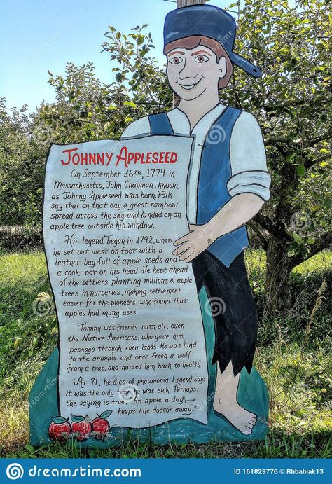 Photo about Johnny Appleseed History Board at Apple Holler orchard and farm in Sturtevant, Wisconsin. Image of chapman, education, john - 161829776 Field Trip Ideas, Bottle Buddy, Golden Goat, John Chapman, Caramel Apple Bars, Apple Bars, Johnny Appleseed, Apple Seeds, Three Little Pigs