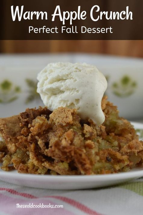 Serve this crunchy baked apple dessert warm topped with ice cream or whipped cream. Apple Nut Crunch is the perfect fall dessert when you are short on time and ingredients. It only uses one medium apple and it is the perfect size for a weeknight family meal. Apple Crunch Recipe, Apple Crunch, Baked Apple Dessert, Apple Desserts Easy, Old Cookbooks, Crunch Recipe, Apple Crumb, Canned Apples, Crunch Cereal