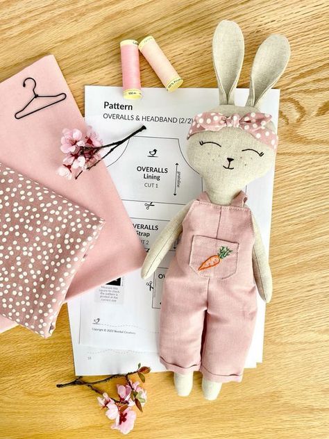 Bunny in Overalls Sewing Pattern PDF and Tutorial, DIY Easter Bunny, Instant Download - Etsy Australia Overalls Sewing Pattern, Diy Easter Bunny, Diy Plush Toys, Doll Making Patterns, Doll Patterns Free, Softie Pattern, Soft Toy Patterns, Diy Doll Miniatures, Doll House Crafts