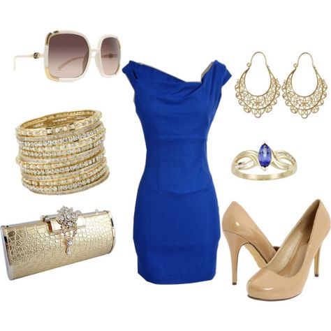 "Blue and Gold" by rinergirl on Polyvore Royal Blue Dress Accessories, Blue Dress Accessories, Royal Blue Outfits, Sparkly Prom Dress, Below The Knee Dresses, Strapless Prom Dress, Cobalt Blue Dress, Marine Uniform, Royal Blue Dress