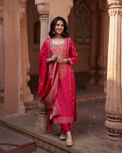 Pink Dola Jacquard Suit Set with Pants and Dupatta Style Code : HER-167 PINK QURBAT : It’s a thought of celebration. It focuses on crafted stories of womanhood. Now LIVE at www.heritageofficial.com #HeritageOfficial #HeritageIndia #HeritageToRemember #Chanderi #Qurbat #WomenStyle #Blue #NavyBlue Pink, Dark Pink, Jacquard, Kurta Set, Ethnic, Best Seller 17 Jacquard Suit, Dupatta Style, Silk Pant, Silk Kurta, Pink Dark, Indian Wedding Outfits, Silk Dupatta, Silk Pants, Kurta Set