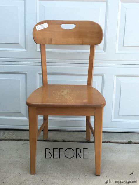 Learn how to stain and paint a wood chair for beautiful results. Step by step DIY tutorial by Girl in the Garage. School Chair Makeover, Wood Chair Makeover, Painted Kids Chairs, Painted Wood Chairs, Refurbished Chairs, Spray Paint Wood, Antique Wooden Chairs, Pine Chairs, House Renos