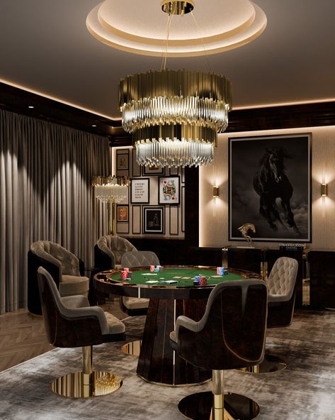 Upgrade your game nights with the Darian Poker Table—a perfect blend of durability and elegance. Its timeless rounded design, crafted from fine wood and polished brass, makes it the ideal centerpiece for any entertainment space. Host your next poker night in style with this sophisticated table. Download the 'Master the Game of Luxury' ebook to discover how to elevate your entertainment spaces. Link in bio! #luxurygaming #pokerroom #entertainmentfurniture #luxxulifestyle #gameon #modernluxur... Luxury Game Room, Whiskey Lounge, Gaming Environment, Luxxu Modern Design Living, Poker Room, Poker Night, 2024 Design, Entertainment Furniture, Game Nights