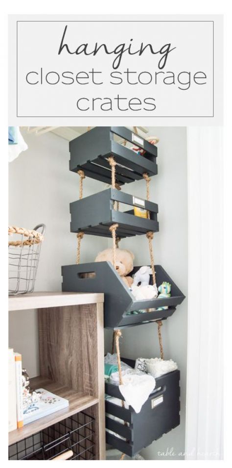 What a cool way to use vertical space! Hanging closet storage crates #smallwoodcrafts Bathroom Closet Ideas, Crate Closet, Diy Slide, Hanging Closet Storage, Diy Container, Storage Crates, Organizing Storage, Organized Closet, Empty Candle