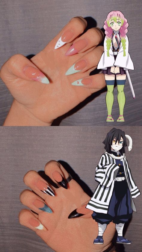 #animenails #anime #demonslayer Anime Style Nails, Mitsuri Kanroji Nails, Inuyasha Nails, Demon Slayer Inspired Nails, Mitsuri Nails, Uñas Demon Slayer, Anime Nails Simple, Anime Nails Demon Slayer, Demon Slayer Nail Art