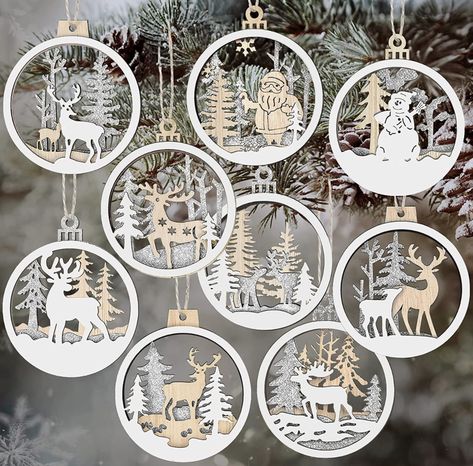 Mdf Christmas Ornaments, Christmas Laser Ornaments, Christmas Wood Decor Ideas, Winter Wonderland Ornaments, Laser Cut Christmas Decorations, Laser Cut Christmas Ornaments, Anniversary Crafts, Laser Cut Christmas, Ornaments Wood