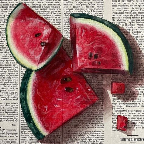 Food Artists Gcse, Food Art Gcse, Objects Art Gcse, Newspaper Painting, Food Art Painting, Watermelon Art, Gcse Art Sketchbook, Newspaper Art, Book Page Art