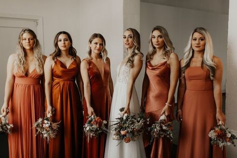 Terracotta Dress Outfit Wedding, Rust Mix Match Bridesmaid Dresses, Terracotta Bridesmaids Dress, Bridesmaid Dresses Dusty Orange, Bridesmaids Burnt Orange, Dark Teal And Burnt Orange Bridesmaid Dresses, Terracotta And Rust Bridesmaid Dresses, Rust Bridesmaids Dresses, Terracotta Dress Bridesmaid