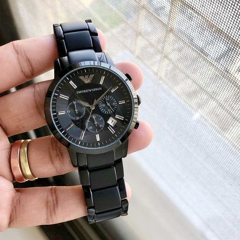 Emporio Armani AR2453 - Men’s Black IP Bracelet Chrono Sports Watch comes with 2 Year DPW Warranty. High quality stainless steels with secure deployment clasp. Call us at 0845-52-777-51. Black Watch Outfit, Armani Watches For Men, Slim Watches, Mens Designer Watches, Gents Watch, Trendy Watches, Chrono Watches, Armani Watches, Armani Black