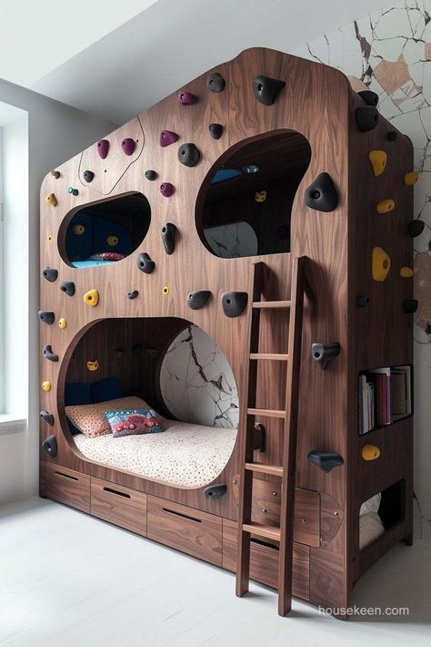 Beautifully designed for playful souls, this bunk bed awakens creativity with charming details. Bed With Climbing Wall, Bunk Bed Into Playhouse, Fun Bunk Beds For Kids, Cool Kid Beds, Hidden Bunk Bed, Fun Kid Beds, Bunk Bed Slide Diy, How To Make A Bunk Bed, Built In Kids Bed