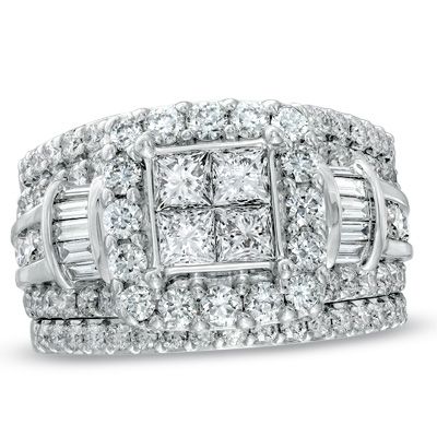 This ring features a center quad cluster of princess-cut diamonds, surrounded by a frame of shimmering round diamonds. Frame Ring, Solitaire Rings, Diamond Frame, Princess Cut Rings, Peoples Jewellers, Bridesmaid Jewelry Sets, Vintage Engagement, Baguette Diamond, Princess Cut Diamonds