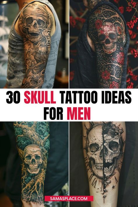 Skull tattoo ideas for men with symbols of life, mortality, and strength. Skull Tattoos For Men Arm, Mens Calf Tattoos Ideas Simple, Badass Tattoo Ideas For Men, Best Meaningful Tattoos For Men, Skull Sleeve Tattoos For Guys, Crow And Skull Tattoo, Skull Tattoo Design For Men, Outer Forearm Tattoo Men Unique, Skull Tattoo Ideas For Men