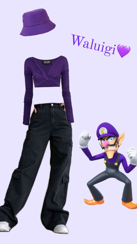 Mario And Waluigi Costume, Nintendo Inspired Outfits, Mario Characters Inspired Outfits, Female Waluigi Costume, Waluigi Costume Women, Diy Waluigi Costume, Mario Outfit Ideas, Mario Inspired Outfits, Bowser Outfit