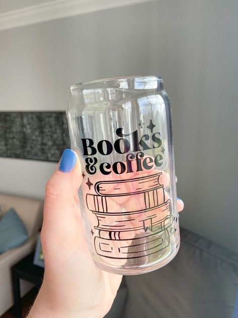 Bookish Glass Cup, How To Make Glass Cups With Vinyl, Bamboo Cup Design, Glass Can Designs, Cricut Glass Projects, Glass Beer Can Design, Glass Coffee Cups Vinyl, Vinyl Coffee Cup Ideas, Cricut Cups Ideas